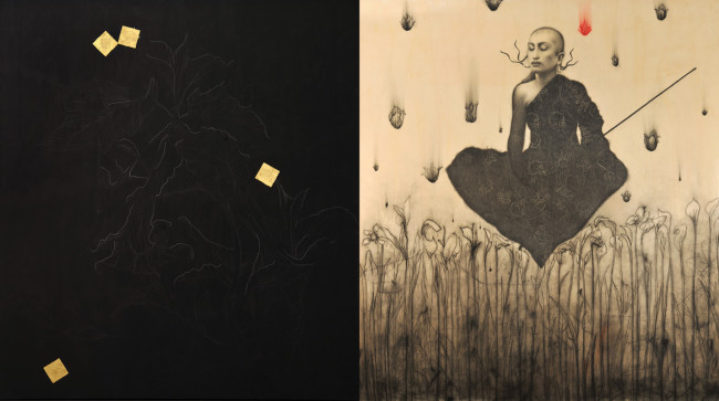 Omar Galliani, Mantra Buddha, matita su tavola, pastello e oro, cm 200x400