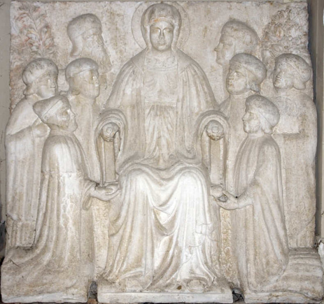 Ambito veneto, Il doge Michele Steno (1400-13) e i provveditori alla sanità dinnanzi alla Vergine in trono, prima metà del XV secolo, marmo, 134.5x140x25 cm, Museo Correr
