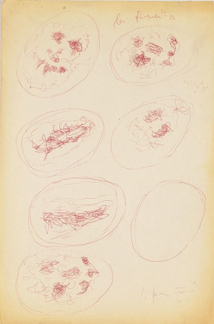 Lucio Fontana, Studi per Concetto spaziale. La fine di Dio, 1960-61, penna a sfera su carta, 33x22 cm