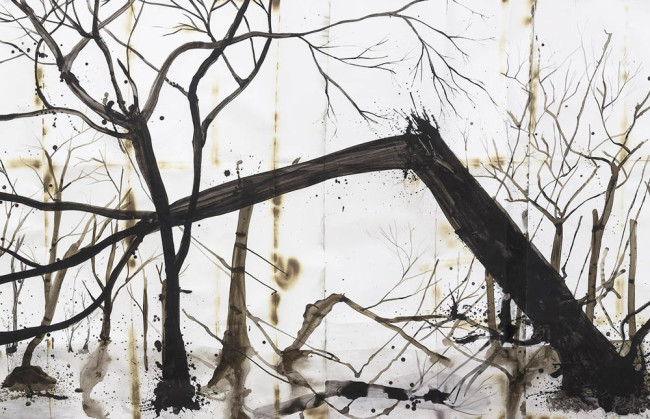 Denis Riva, Dopo l'incendio, 2014, acrilico, china e lievito madre su carta bruciata, 600x150 cm (particolare)