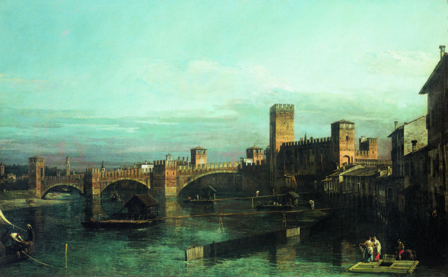 Bernardo Bellotto, La Veduta di Verona con Castelvecchio e il ponte Scaligero da monte dell’Adige, olio su tela, 84.5x137.5cm, Collezione Fondazione Cariverona