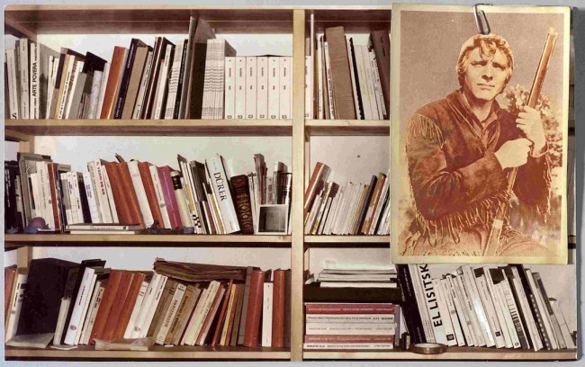 Franco Guerzoni, Avventura a guardia della libreria, 1978, cartolina e foto originale, 23x37 cm, collaborazione fotografica con Luigi Ghirri