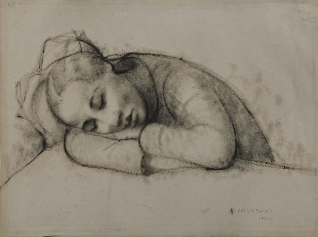Felice Casorati, Bambina dormente, 1927, carboncino su carta, acquisto presso la Mostra Amici dell’Arte, Torino 1927