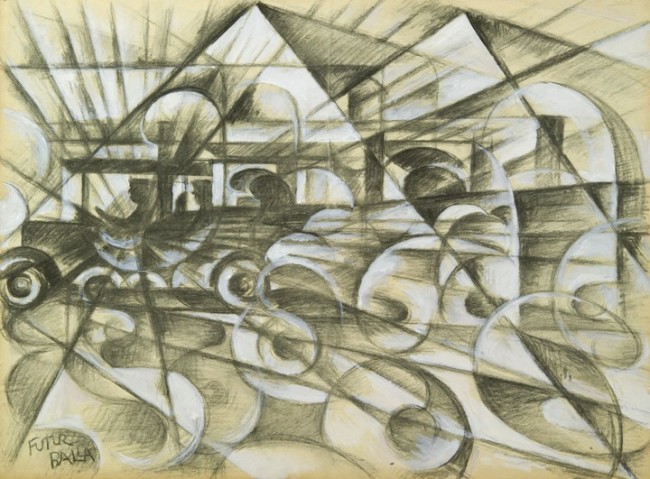 Giacomo Balla, Velocità di automobile, 1913 c., biacca e carboncino su carta da spolvero, cm 44.4x59.5, collezione privata