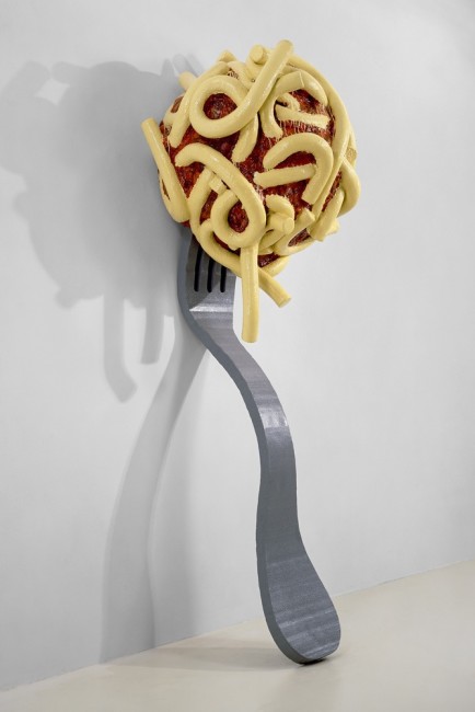 Claes Oldenburg and Coosje van Bruggen, Leaning Fork with Meatball and Spaghetti II, 1994, fiberglass painted with polyurethane, 2 units 248x47x31 cm and 99x131x163 cm, overall installed dimensions 334x130x 99 cm