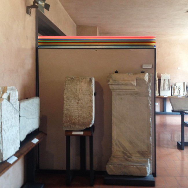 Installation view, Millefiori H1268N 2015 Resina e pigmenti su tela / Resin and pigments on canvas 156 x 8,5 x 21,5 cm courtesy Studio la Città, Verona