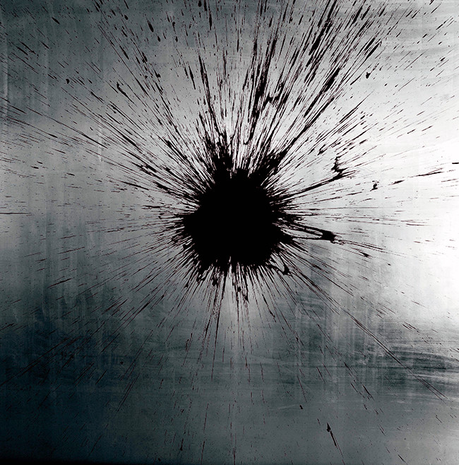Julian T, Impact Silver, Acrilico su foglia argento, cm 200x200, 2015