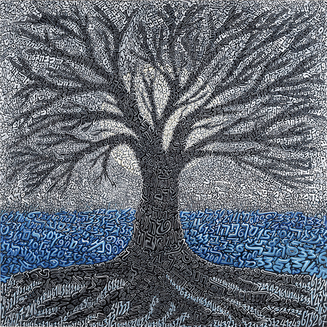 Tobia Ravà, albero di luna, 2015, resina e tempere acriliche su tela, 130 x 130