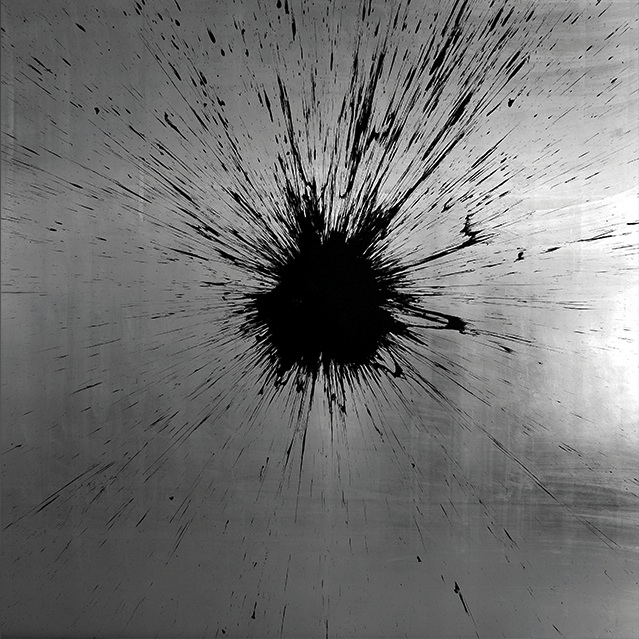 Julian T, Impact Silver, dalla serie Alchemy, 2015, acrilico su foglia d'argento, 200x200 cm