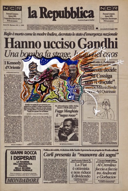 Riccardo Gusmaroli, Repubblica, 22 maggio 1991, tecnica mista su quotidiano, Courtesy Archivio Riccardo Gusmaroli / Galleria Ca' di Fra', Milano