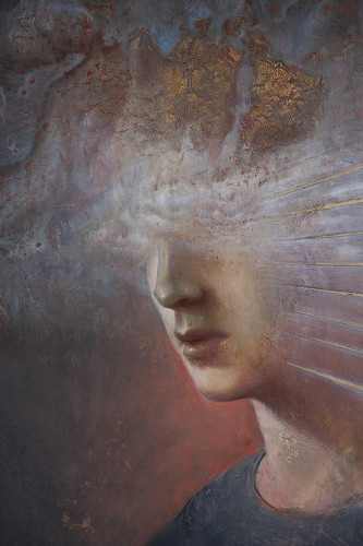 Agostino Arrivabene, Andros-gynè 2015/2016 olio, foglia d'oro su lino trasportato su tavola cm 50x40 