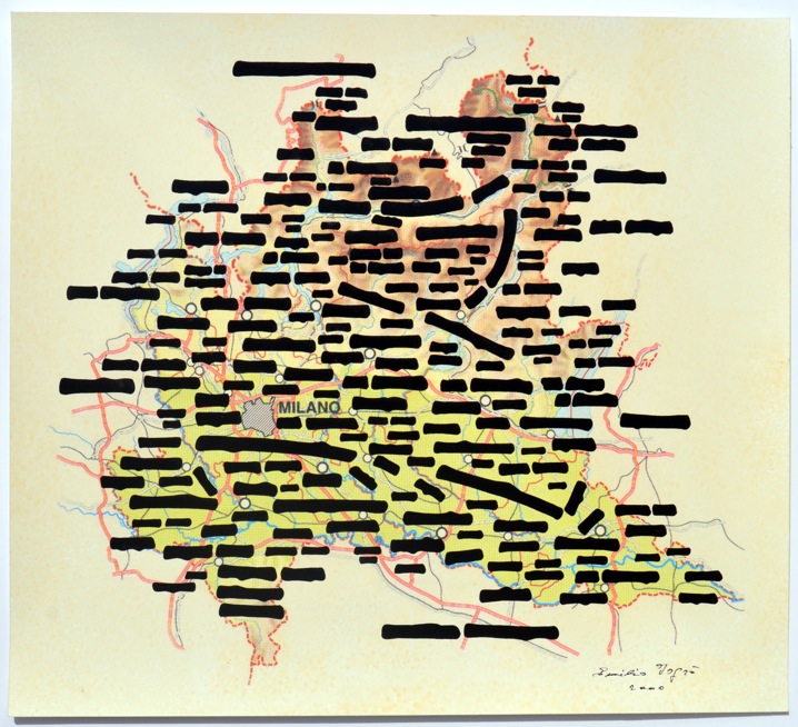 Emilio Isgrò, Carte lombarde, 2010, tecnica mista su carta, cm 40x45. Courtesy Allegrini Arte Contemporanea