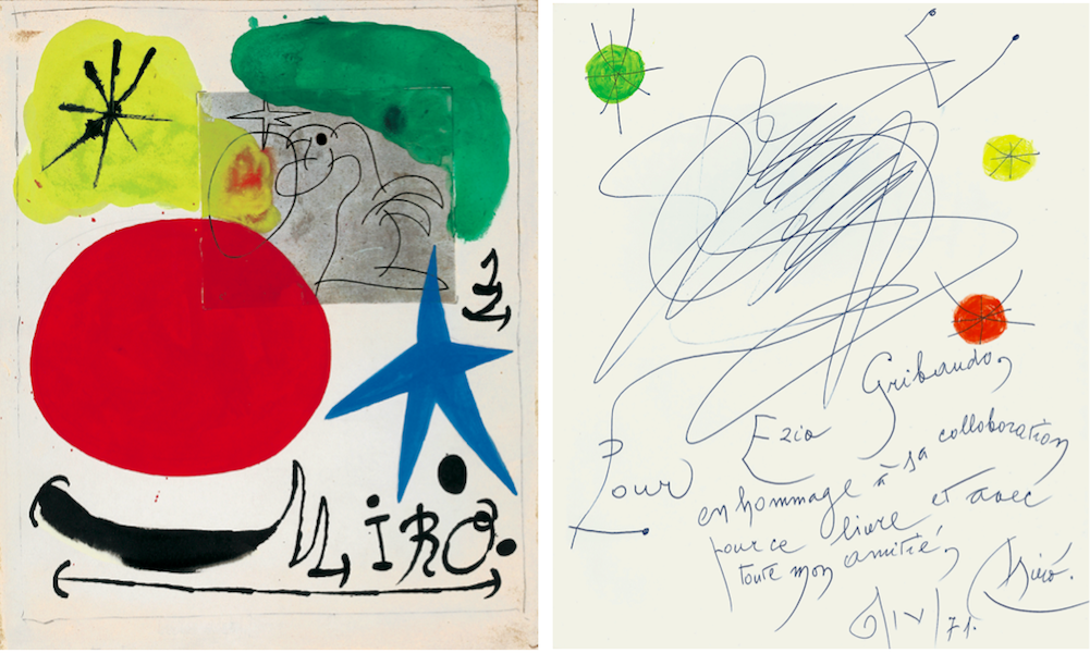 Joan Mirò, Senza titolo, 1970, tecnica mista su carta, 30x25 cm e dedica ad Ezio Gribaudo