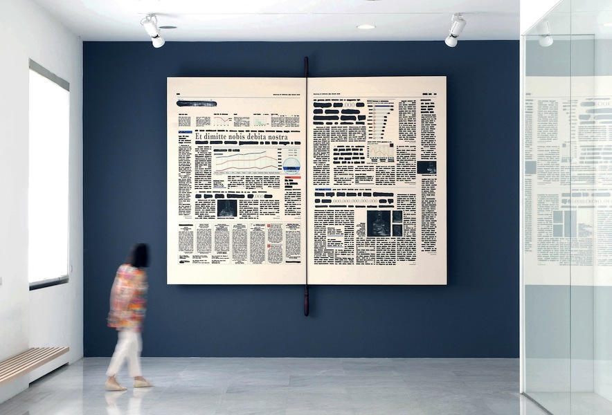 Emilio Isgrò, Cancellazione del debito pubblico, 2011, libro e tecnica mista su tela montata su legno, 280x400 cm, Università Commerciale Luigi Bocconi, Milano