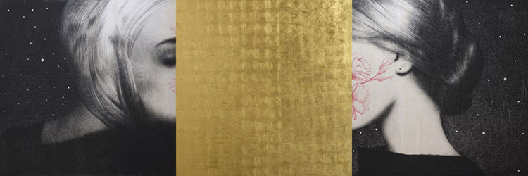 Omar Galliani, Nuovi Mantra, 2015, matita nera su tavola e foglia d'oro, trittico, cm 150x450