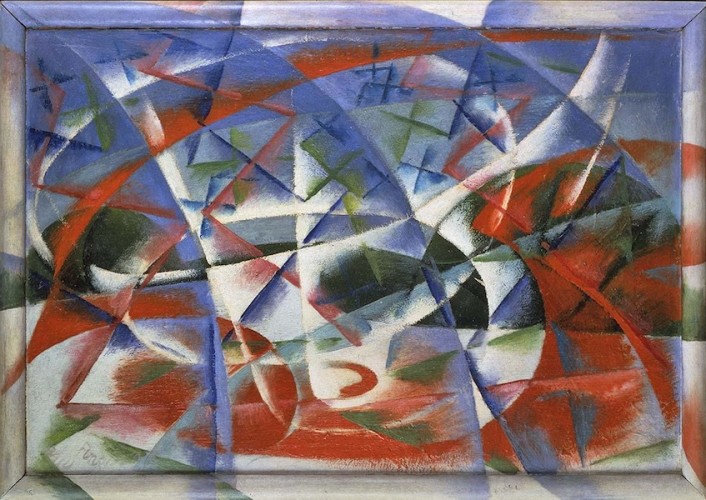 Giacomo Balla, Velocità astratta + rumore, 1913-14, olio su tavola, 54.5x76.5 cm compresa la cornice dipinta dall’artista, Venezia, Collezione Peggy Guggenheim, (Fondazione Solomon R. Guggenheim, New York) © Collezione Peggy Guggenheim, Venezia. Photograph by David Heald © Giacomo Balla, by SIAE 2016