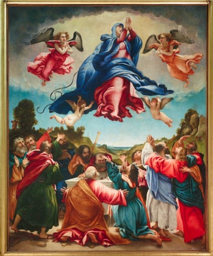 Lorenzo Lotto, Assunzione di Maria, 1527, olio su tela, 238x193 cm, Chiesa di Santa Maria Assunta, Celana