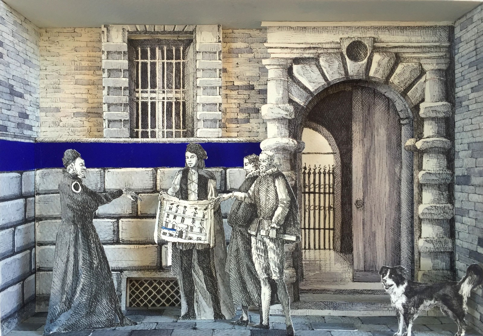 Monolocale 54, (Iscrizione Celeste a Palazzo Bocchi), 2016, china e acquerelli su carta, cm. 21x30