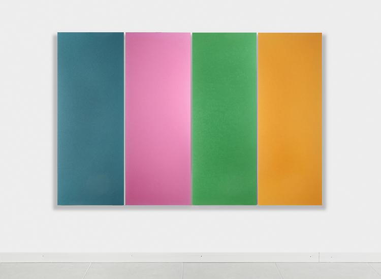 Sonia Costantini, Polittico-colori, 2015, acrilici e olio su tela, opera composta da quattro tele da 152x56 cm ciscuna (misura complessiva 152x227 cm) Courtesy l'artista