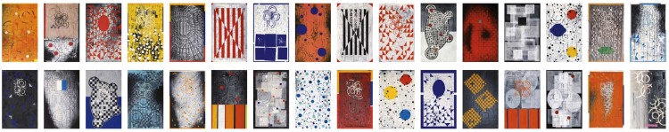Roberto Floreani, Ricordare Boccioni, 2016-17, installazione completa di 32 opere, tecnica mista su tela, 65x40 cm ciascuna