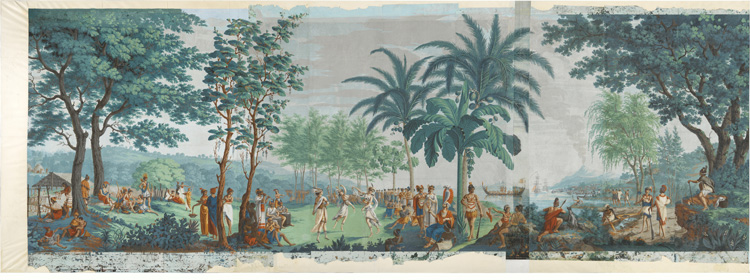 Dufour et Cie, printer & publisher, Jean-Gabriel Charvet, designer The Voyages of Captain Cook (Les Sauvages de la mer Pacifique) 1805, woodblock, printed in colour from multiple blocks hand-painted gouache through stencils, printed image (overall) 170 x 1060 cm, National Gallery of Australia, Canberra, purchased from admission charges 1982–83.