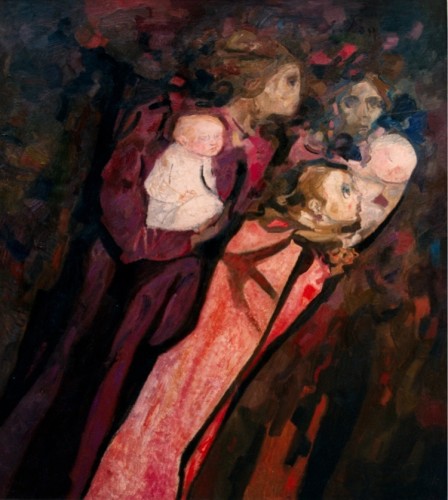 Trento Longaretti, Due madri e ragazza nella violenza, 1977, olio su tela, 165x150 cm