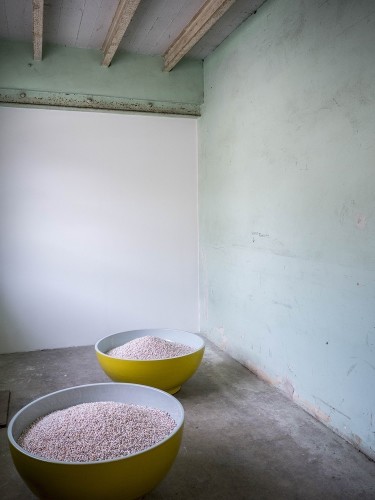 Ai Weiwei, Bowls of pearls, 2006, 2 bowls of coloured porcelain from Jingdezhen and ½ ton of clear water pearls, each Ø100 x 44 cm Photo credit Giorgio Benni