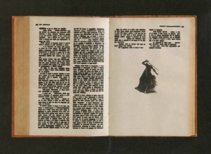 Emilio Isgrò, Dulcinea, 1967, china su libro tipografico in box