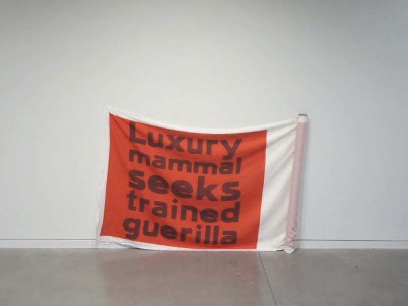 Dana Claxton, installation Ode to Gramsci – Red on Red, 2016, six red banner screen prints flags