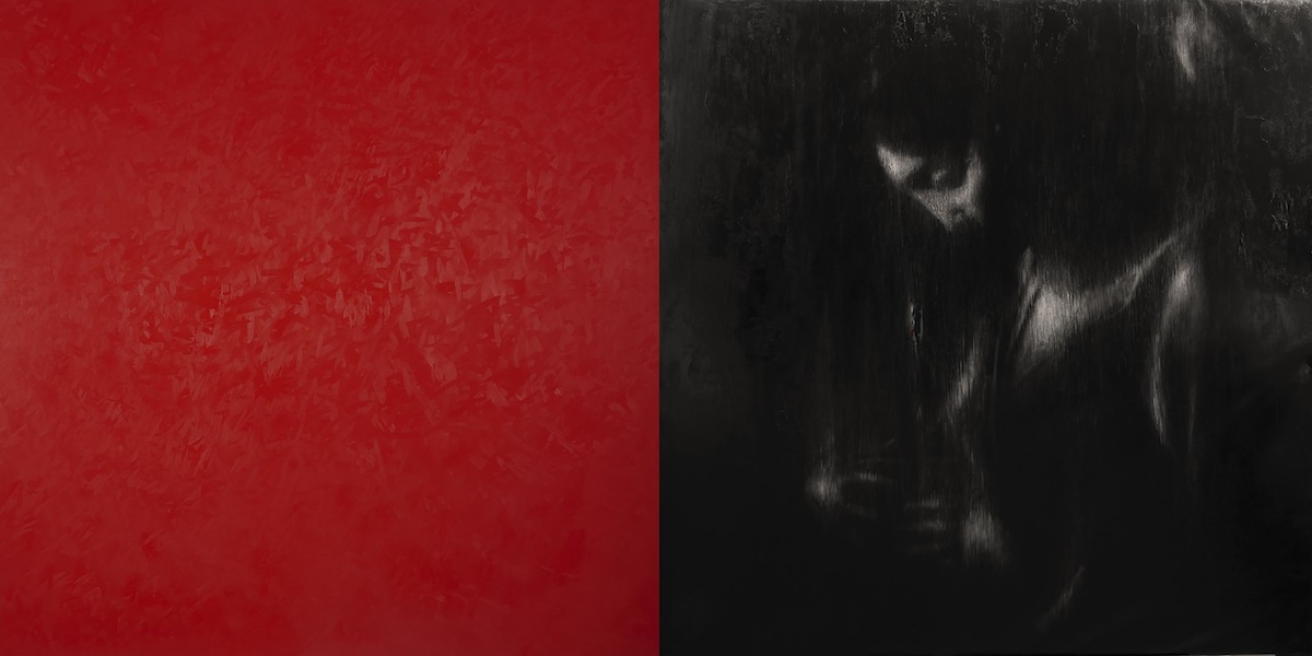 Omar Galliani, Rosso cadmio per Caravaggio, 2017, olio su tela, 100x200 cm